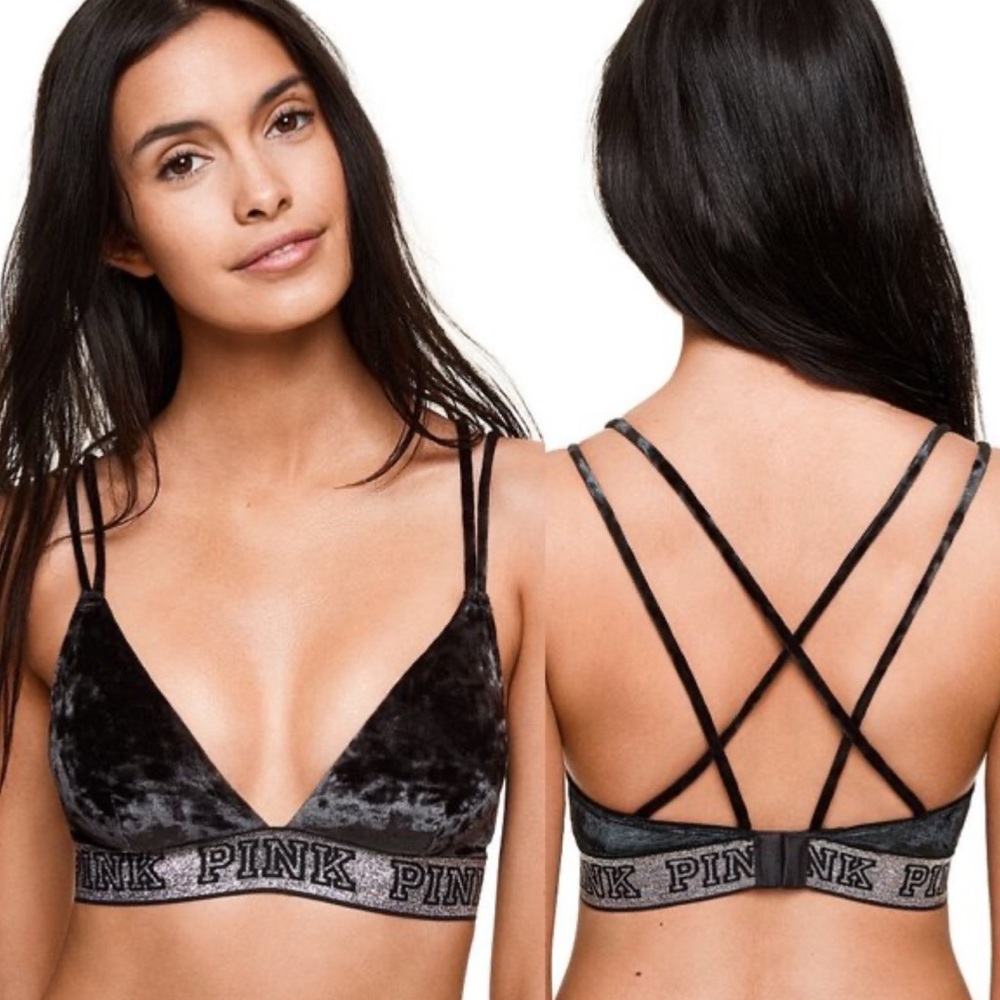 PINK Victoria's Secret Black Velvet Bralette with Glitter Logo Band Size M
